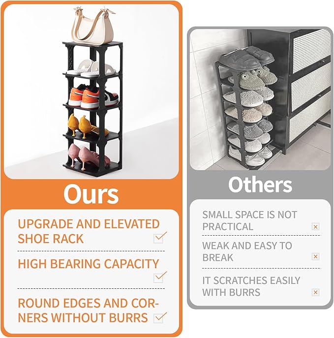 5 Tiers Shoe Rack Organizer for Closet Shoe Holder Storage Narrow Plastic Vertical, Free Standing Shoe Rack Shelf for Entrywa