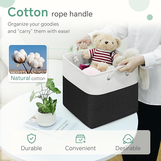 FinishingBo Large 11x11 Inch Cube Storage Bins with Cotton Handles for Closet, Shelves, Clothes, Towel (White/ Black-6 Pack)