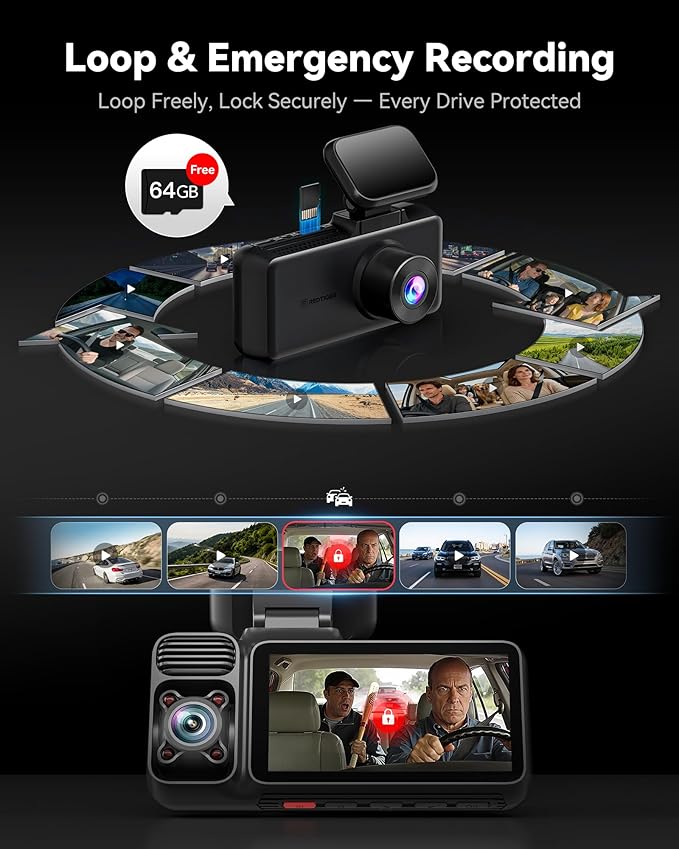REDTIGER F17 4K 3 Channel Dash Cam, STARVIS 2 IMX675 HDR, 2160P+1080P+1080P Front Inside and Rear Triple Car Camera with 64GB