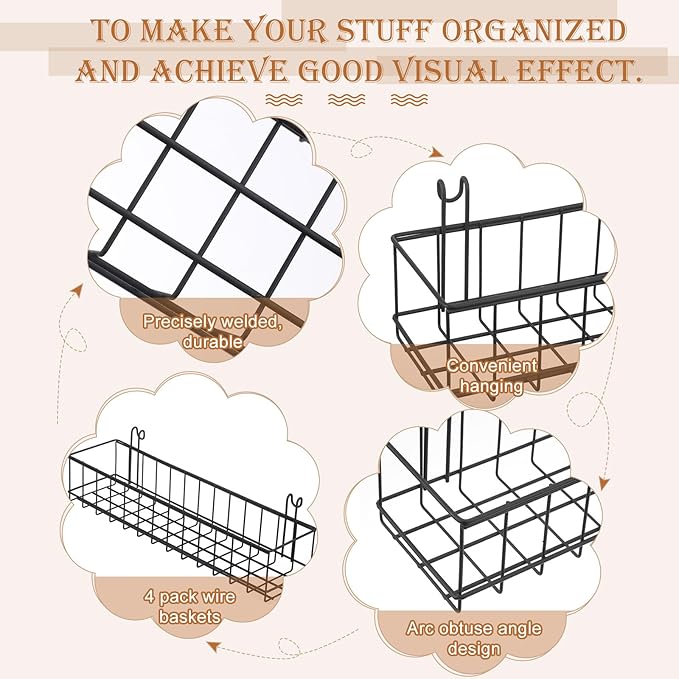 Black 4 Pack Grid Wall Hanging Baskets with 16 S Hooks, 15.8 x 3.9 x 3.2 Inch Metal Wire Wall Mount Storage Baskets for Grid 