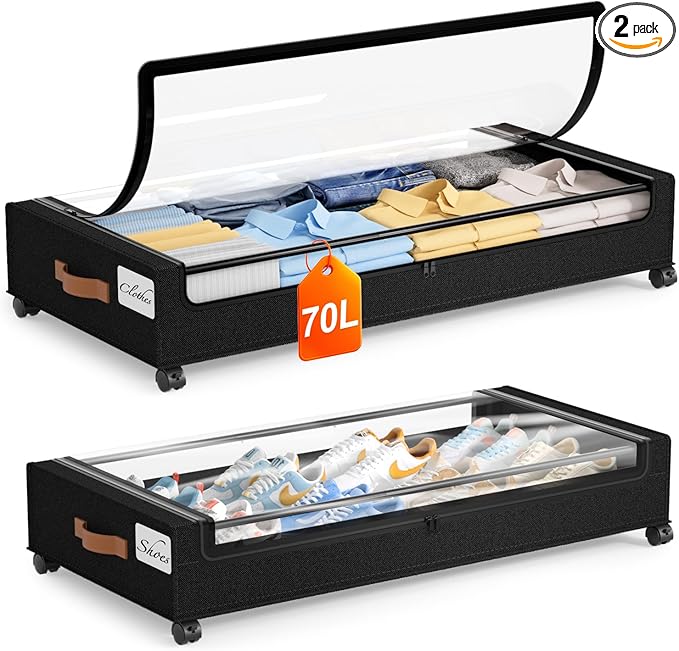 Yecaye Under Bed Storage with Wheels 2Pack, 70L Larger Capacity Under Bed Storage Containers, Underbed Shoe Storage Organizer