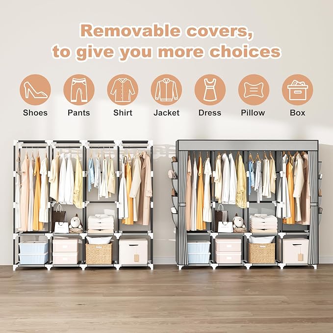 Portable Closet for Hanging Clothes, 67 Inch Wide Portable Wardrobe Closet with Cover, 4 Hanging Rod, Storage Shelves and Sid