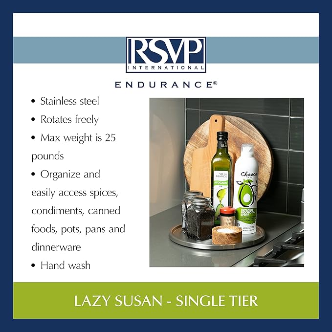 RSVP International Endurance TURN-1 Turntable Lazy Susan, Stainless Steel, 10.5" | Handy in Cabinet, Refrigerator or on Count