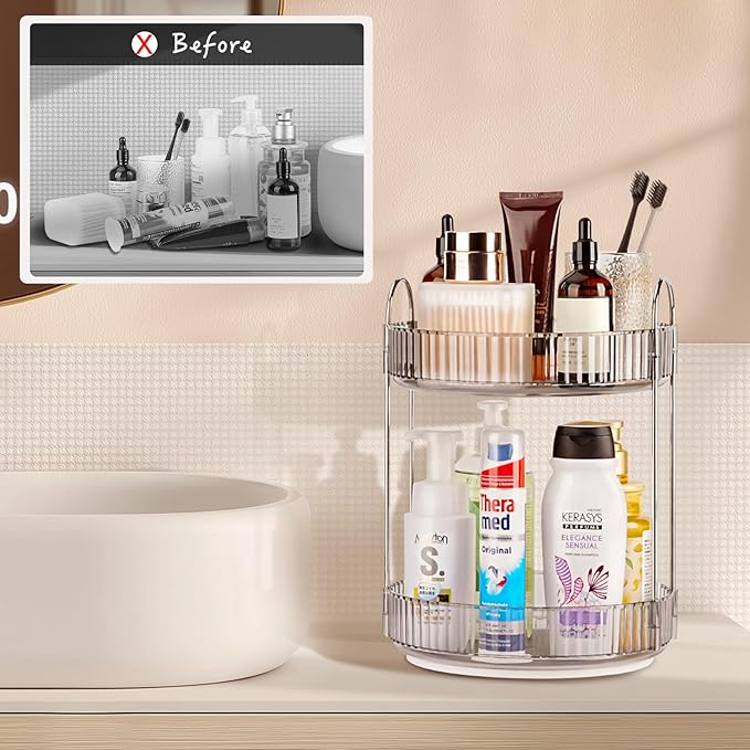 360 Rotating Makeup Organizer, 2 Tier Lazy Susan Bathroom Counter Organizer, Skincare Organizers, Spinning Perfume Organizer 