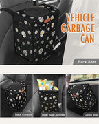 Car Trash Can with Lid, Cute Leakproof Car Trash Garbage Bag Hanging Vehicle Trash Bin Small Portable Automotive Garbage Cans Organizer for Back/Front Seat/Console(Trapezoid,Black Flower)