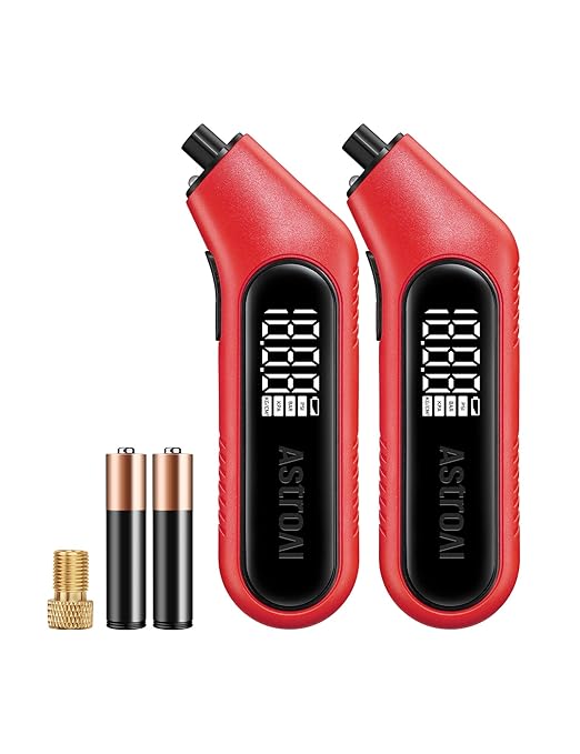 AstroAI Digital Tire Pressure Gauge 3-300PSI Calibrated to ANSI B40.7 Grade 2A (0.5%), Backlight and Flashlight, Presta Valve Adaptor Included, 4 Units, AAA Batteries, Red, 2Pack
