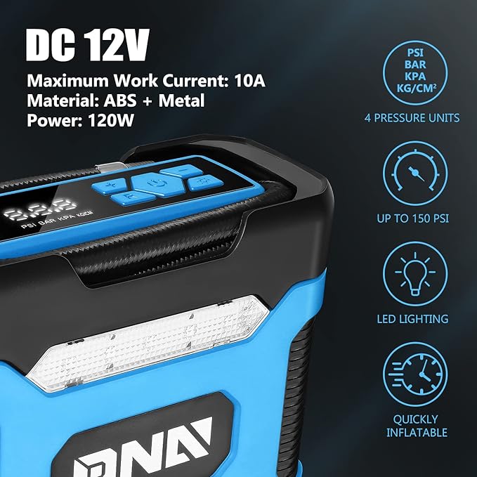 ‎DNA MOTORING TOOLS-00213 Blue 12V DC Digital Tire Inflator Portable Air Compressor with Pressure Gauge for Cars, Bicycles, Motorcycles,Balls