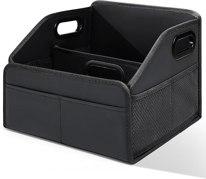 Car Storage Organizer Reinforced Dividable Leather Car Caddy Basket for Front Seat Floor Back Sturdy Frosted Handle 8 Compartments