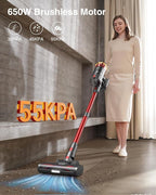 Cordless Vacuum Cleaner, 650W/55KPa 70Mins Vacuum Cleaners for Home, Self-Standing Stick Vacuum with Anti-Tangle Brush & OLED