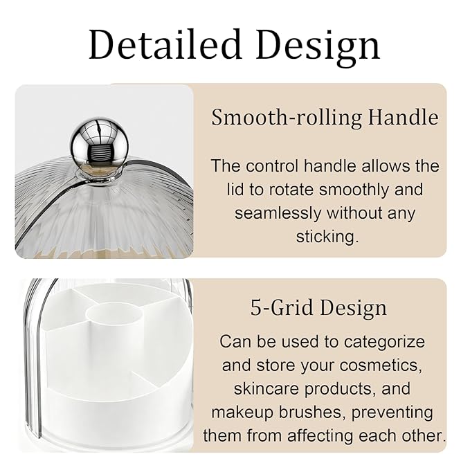 ONXE Makeup Brush Holder Organizer with Lid,360° Rotating Makeup Organizer Countertop,5 Compartments Make Up Brush Organizers