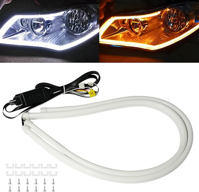 Qasim Sequential Turn Signal 24inch Led Car DRL Daytime Running Lights Strip 12V Auto Headlight 60CM White/Amber Flowing-1Pair