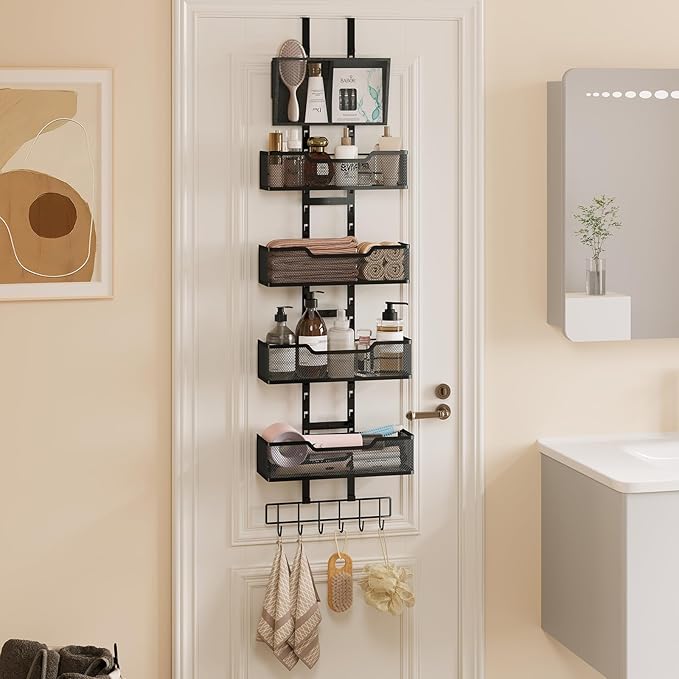 Hongtamoya Adjustable Over The Door Organizer, Closet Door Organizer Heavy Duty Hanging Door Storage with 4 Metal Baskets and