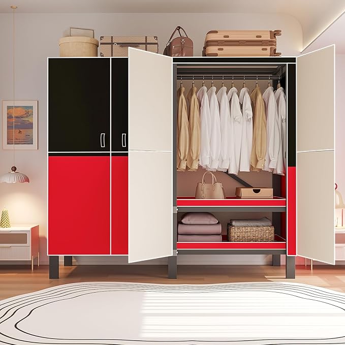 Heavy Duty Portable Closet Wardrobe, Garment Rack with Cover & Hanging Rods, Freestanding Wardrobe with Magnetic Door, Metal 