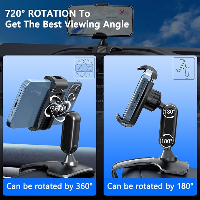Car Dashboard Phone Clip Holder, 360° Rotating Dash Steering Wheel Cell Phone Clamp Mount Stand Compatible with 4-7 Inch Smartphones (Black)
