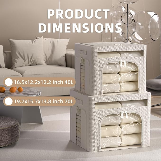 FHSQX 6 Pack Foldable Storage Bins for Clothes Clothes Storage Bins with Metal Frame Stackable Storage Box with Lid (Cream Wh