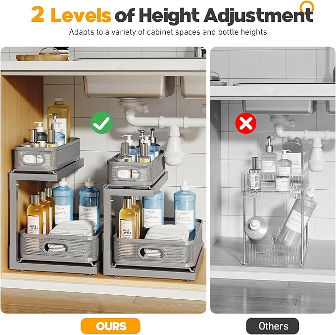 1-Pack Under Sink Storage Organizer with 2-Tier Slide Out Drawer, Sophisticated Mesh Pull Out Shelf for Kitchen & Bathroom, F