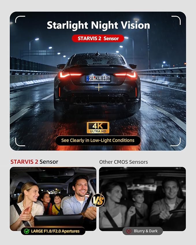 4K 3 Channel Dash Cam Front and Rear, Dash Camera for Cars, STARVIS 2 Sensor Dash Camera with HDR Night Vision, 24H Parking M