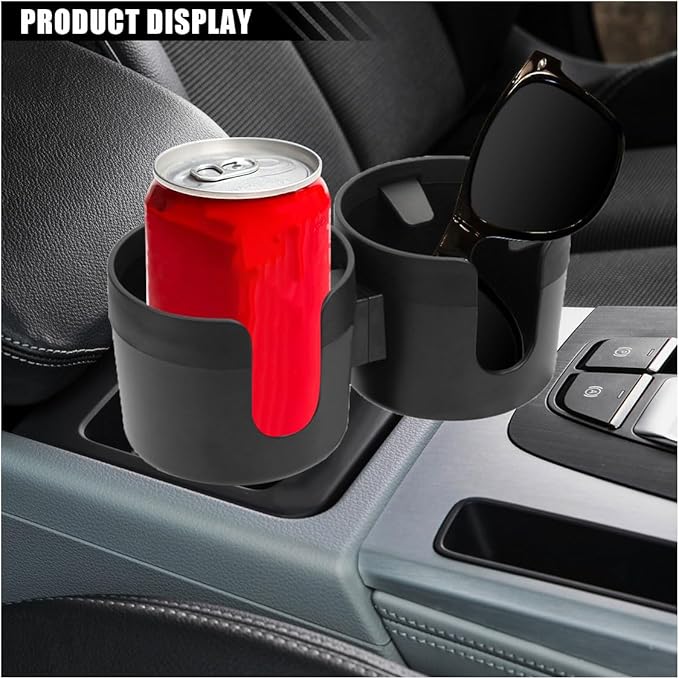 Car Double Cup Holder Extender, 2-in-1 Car Cup Holder Adapter with Adjustable Base, Universal Multifunctional Cup Holder Organizer for Beverage, Snack, Cup, Bottle Storage (Black)