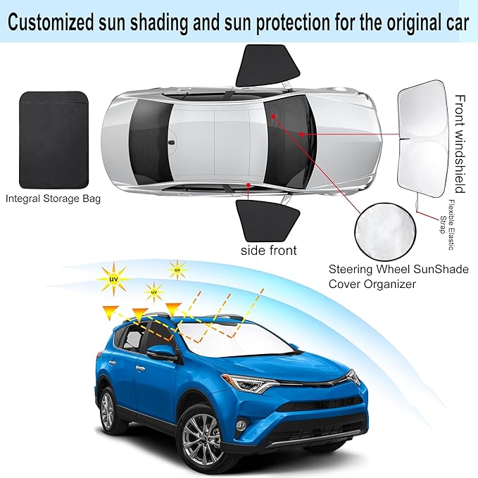 3PCS Car Window Shades Front Windshield Sun Shade Foldable Window Shade Custom Fit for 2013-2018 Toyota RAV4 Accessories Car Shades for Front Windows Anti-UV Rays Block Heat