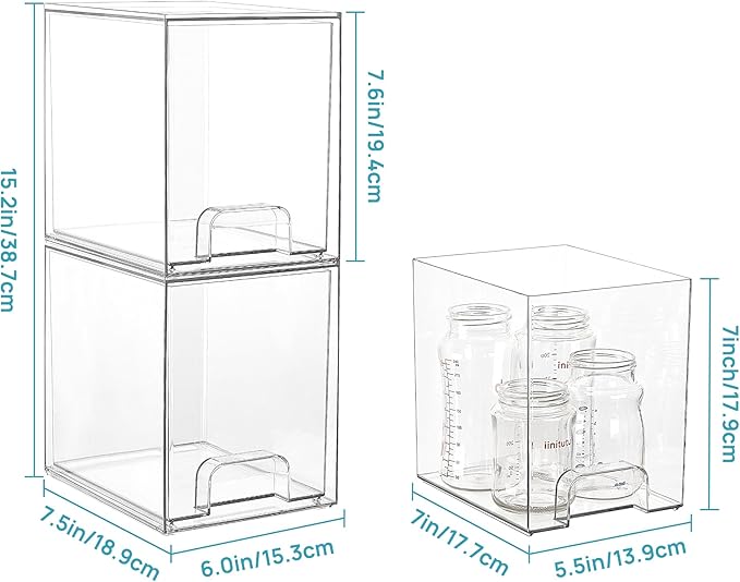 Vtopmart 7.6" H Clear Stackable Storage Drawers, 4 Pack Plastic Organizers Bins for Skincare, Cosmetics,Beauty Supplies,Ideal