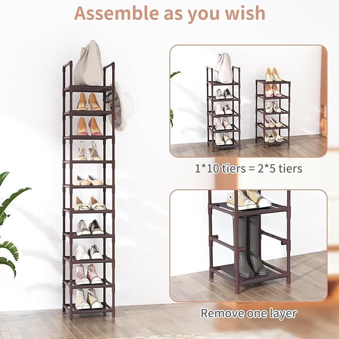 LANTEFUL Tall Shoe Rack 10-Tier Narrow Shoe Shelf Storage for 10-15 Pairs Shoe and Boot, Sturdy Shoe Storage Space Saving Cor