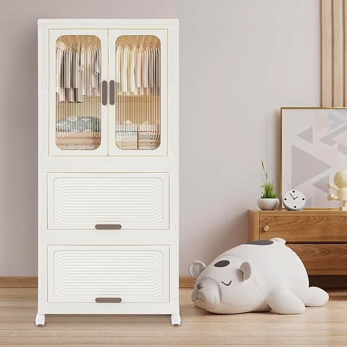 Portable Wardrobe Closet with Wheels 3-Tier Foldable Storage Cabinet Hanging Organizer with 10 Hangers Easy Assembly for Kids