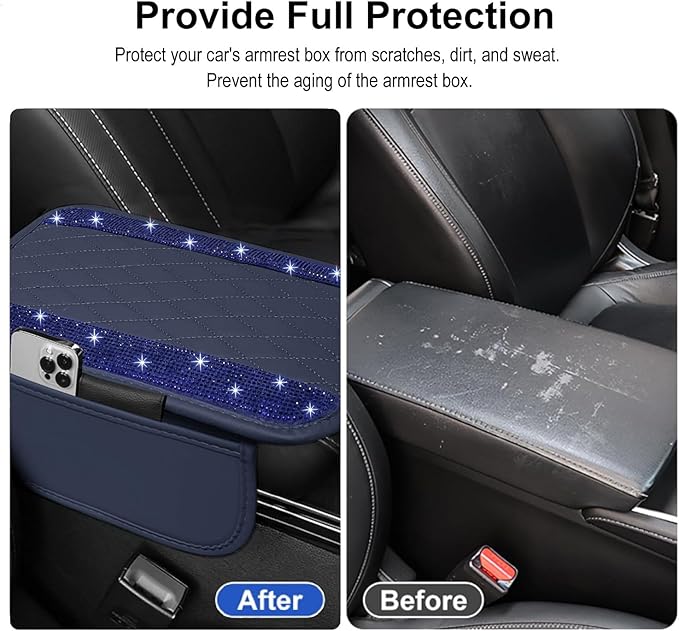 NBTEPEM Bling Blue Car Center Console Cover, Leather Car Arm Rest Cover with 2 Storage Bags, Universal Auto Armrest Protector Storage Box, Bling Accessories Interior for Most Vehicles