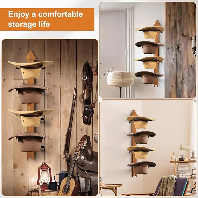 Cowboy Hat Rack, 4 Pieces Wooden Western Rustic Metal Cowboy Hat Hanger with Arrow Sign Board, Gift Cowboy Hat Holder for Wal