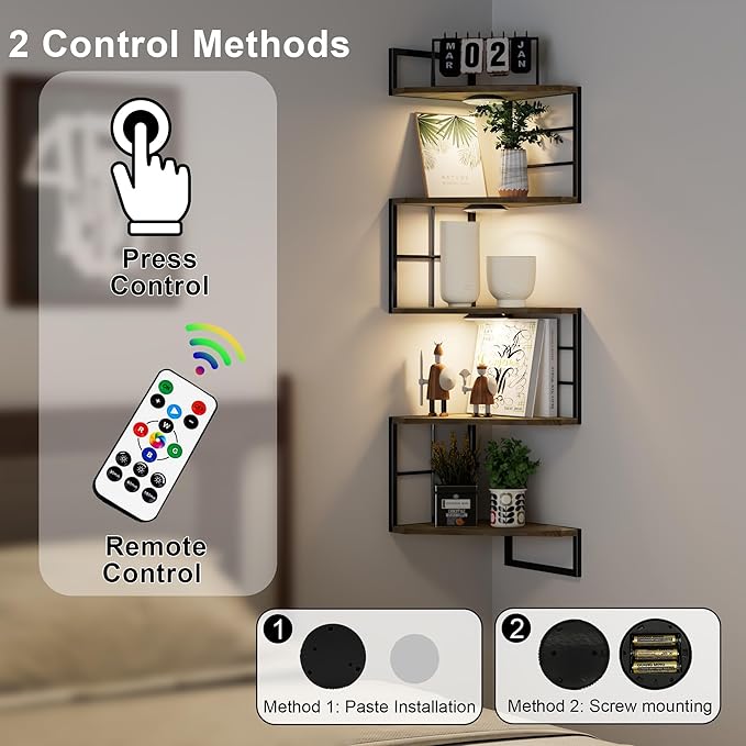 Corner Floating Shelves with Lights - 5 Tiers Corner Shelf Wall Mounted, Bookshelf with LED Light, Floating Shelves for Wall,