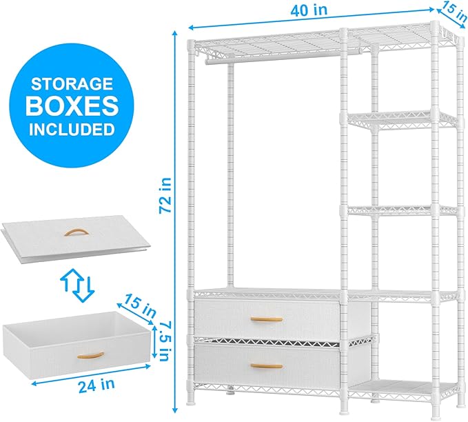Ulif F3 Heavy Duty Clothes Rack（With Fabric Drawers）Freestanding Clothing Racks for Hanging Clothes，Adjustable Closet Organiz
