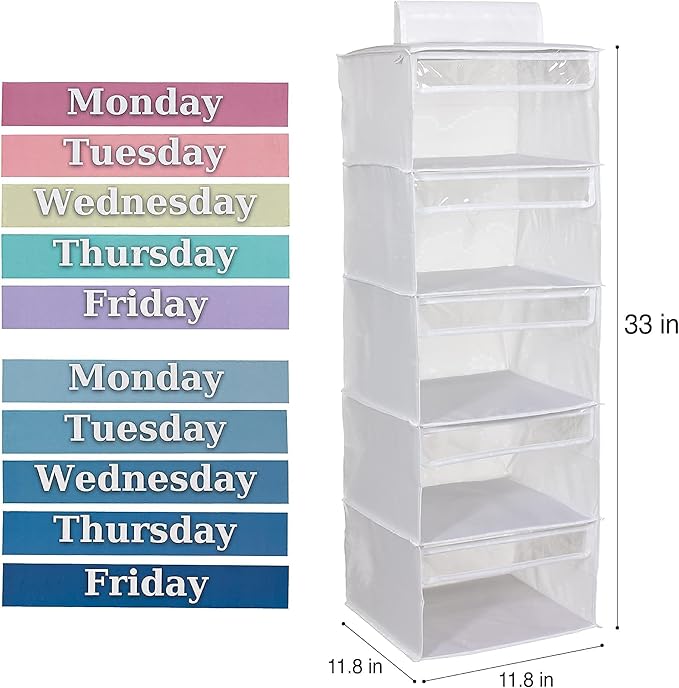 Three Sweet Peas Co Weekly Clothes Organizer for Kids – 5 Shelf Hanging Closet Storage for School Outfits | Monday to Friday 