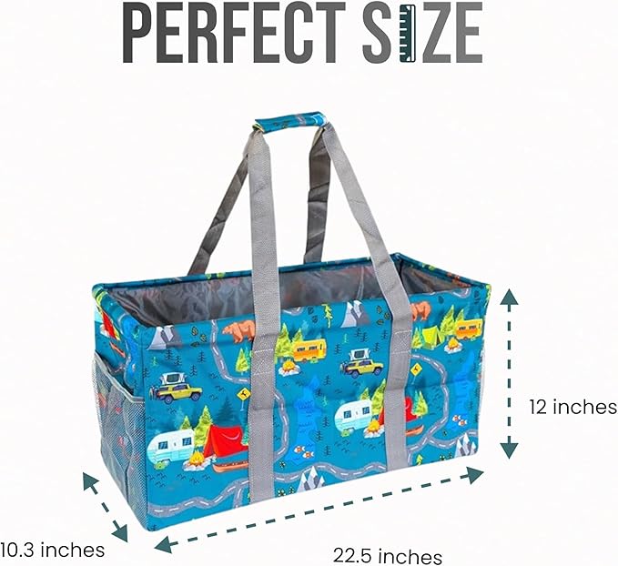 Extra Large Utility Tote Bag - Oversized Collapsible Reusable Wire Frame Rectangular Canvas Basket With Two Exterior Pockets For Beach, Pool, Laundry, Car Trunk, Storage - Camping