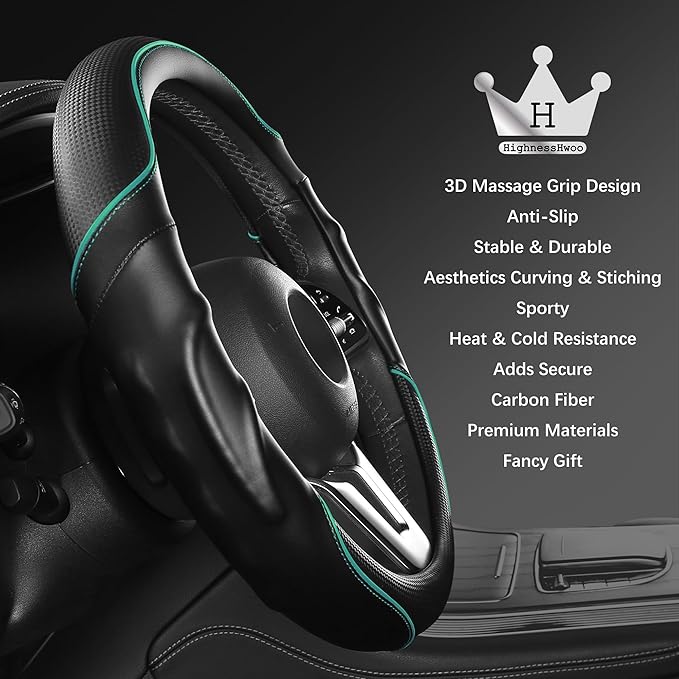 HighnessHwoo 3D Car Steering Wheel Cover Comfort Grip Massage Sporty Anti-Slip Carbon Fiber Faux Leather for Sedan SUV, Unive