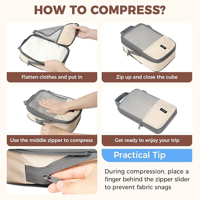 BAGAIL 6 Set Lightweight Compression Packing Cubes with Packing List, Anti-Tearing Expandable Organizer Bags for Travel, Beig
