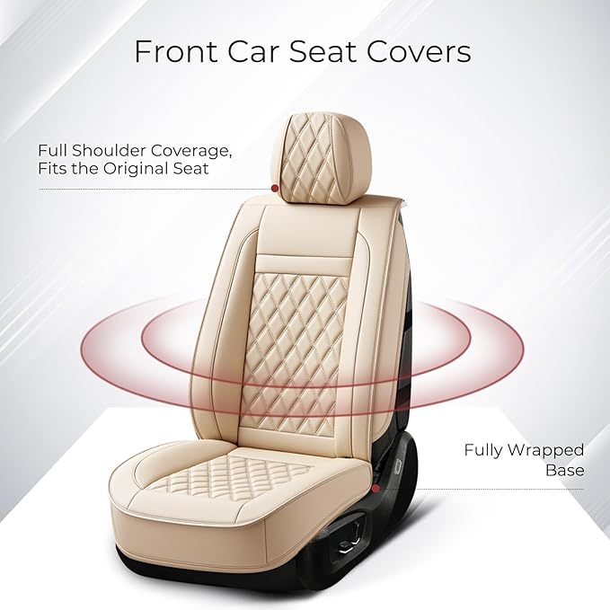Huidasource Beige Seat Covers Full Set, Nappa Leather Seat Cover Hollow Design Airbag Pops, Front ＆ Back Seat, 5 Layers Seat 