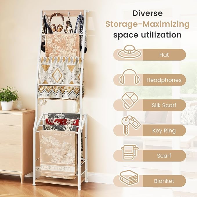 Pinzoveco Blanket Ladder, 7 Tier Blanket Ladders for The Living Room,Wooden Ladder Shelf with Hooks, 5.5ft Blanket Holder Rac