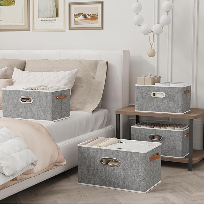 Yawinhe Fabric Storage Baskets, Foldable Closet Organizer for Shelves, Large Boxes with 3 Handles, Canvas Bins for Clothes, G