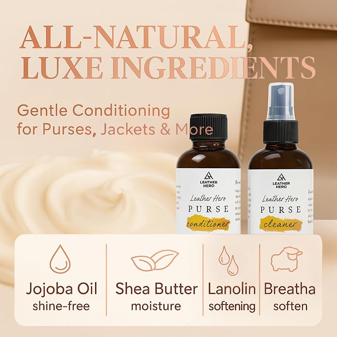 Leather Purse Cleaner & Conditioner Kit – 4pc Set with 4oz Cleaner, 4oz Conditioner, Microfiber Cloth & Applicator Sponge – L