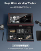 Kukikan Watch Jewelry Box Organizer, 6-Slot 2-Layer Watch Case and Sunglasses Storage with Large Glass Lid, Men's Jewelry Box