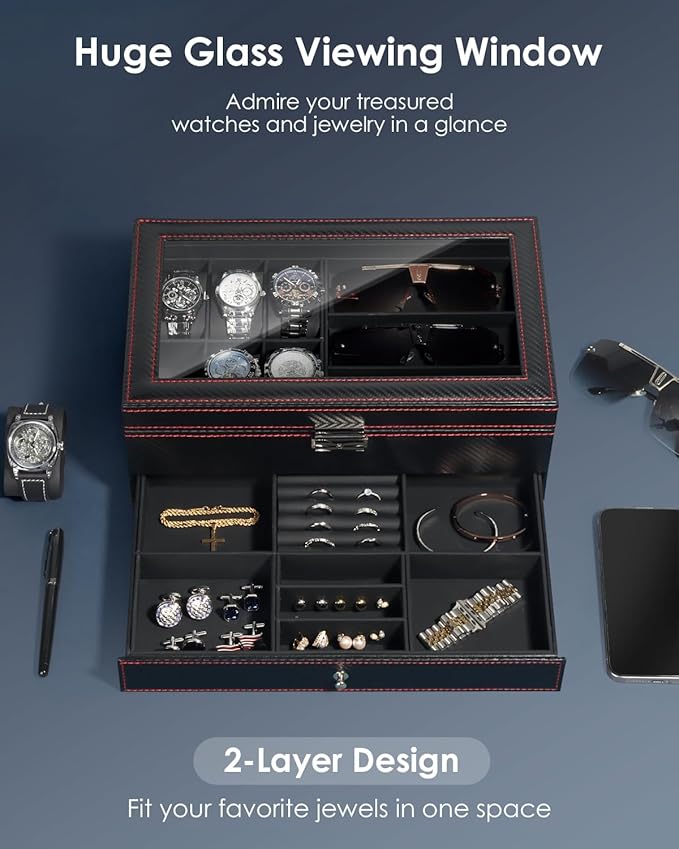 Kukikan Watch Jewelry Box Organizer, 6-Slot 2-Layer Watch Case and Sunglasses Storage with Large Glass Lid, Men's Jewelry Box