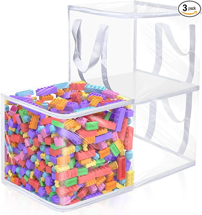 3 PCS Clear Zippered Organizers 12''x12''x12'' Bags with Handles Storage Cube Tote Storage Blanket Bags Bins for Clothes Movi