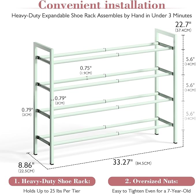 Bumusty 4-Tier Expandable Shoe Rack for Closet, 18“-33” Adjustable Shoe Rack for Small Space, Small Shoe Organizer for Front 