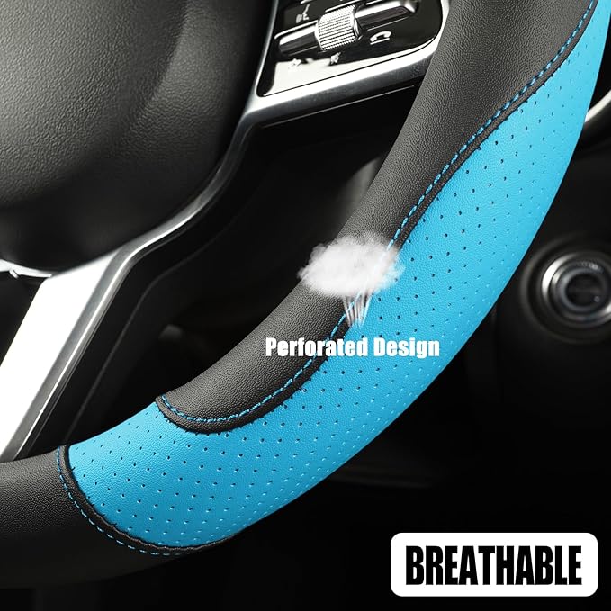 Microfiber Leather D Shaped Steering Wheel Cover, Breathable, Anti Slip, Universal 15 inch, Black with Blue