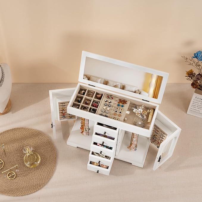 Miratino Jewelry Box for Women Girls, Wooden Jewelry Organizer Box with Mirror, 5 Layer Jewelry Storage Case Display for Neck