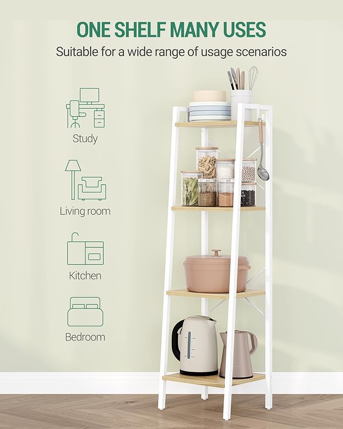 Hzuaneri Ladder Shelf, Bookshelf Bookcase, Freestanding Corner Storage Shelve with 2 Hooks for Home Office, Living Room, Kitc