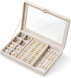 bussdis Glass Lid Jewelry Organizer Box – Beige Velvet Jewelry Case with Ring Slots, Necklace Hooks & Removable Compartments 