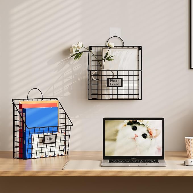 Yuzehuaza Hanging Wall File Holder Organizer Metal Wall Mount File Folders Holder Magazine Rack with Handles and Hooks , for 