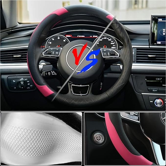 Xizopucy Pink Steering Wheel Cover Microfiber Leather Sporty Car Accessories for Men and Women,Breathable Non-Slip Universal 