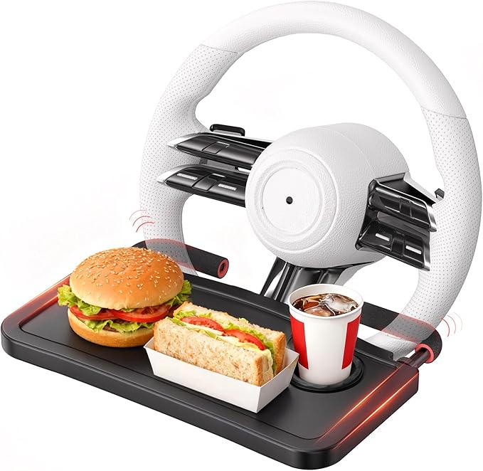 Car Steering Wheel Tray for Drivers Steering Wheel Tray for Dining, Mobile Office & Travel Food with Cup Holder, Scratch-Free EVA Hook Covers, 2-in-1 Desk Table for Car - Black
