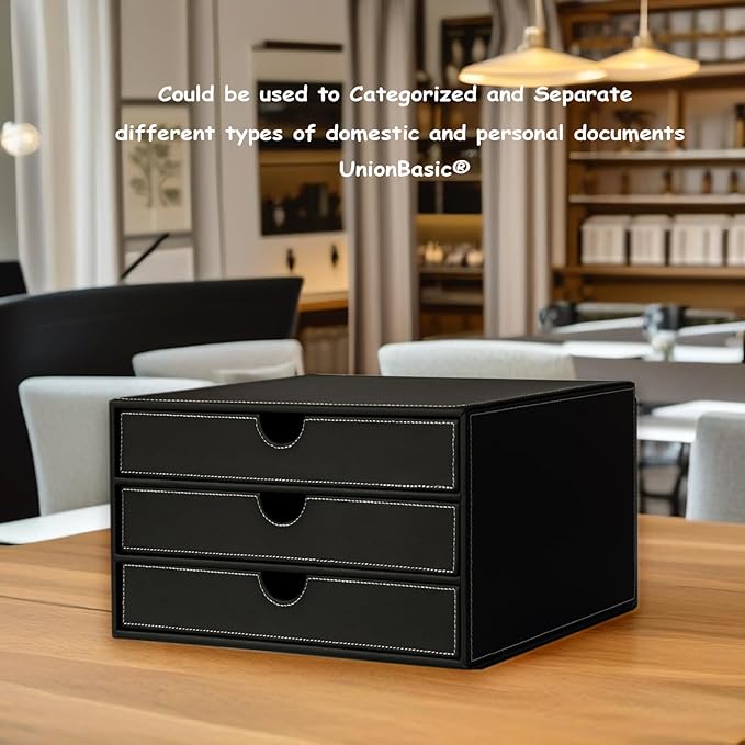 UnionBasic Document Organizer, 3-Drawer File Cabinet Document Storage Box, Office Desktop Filing Organizer, Black with White 